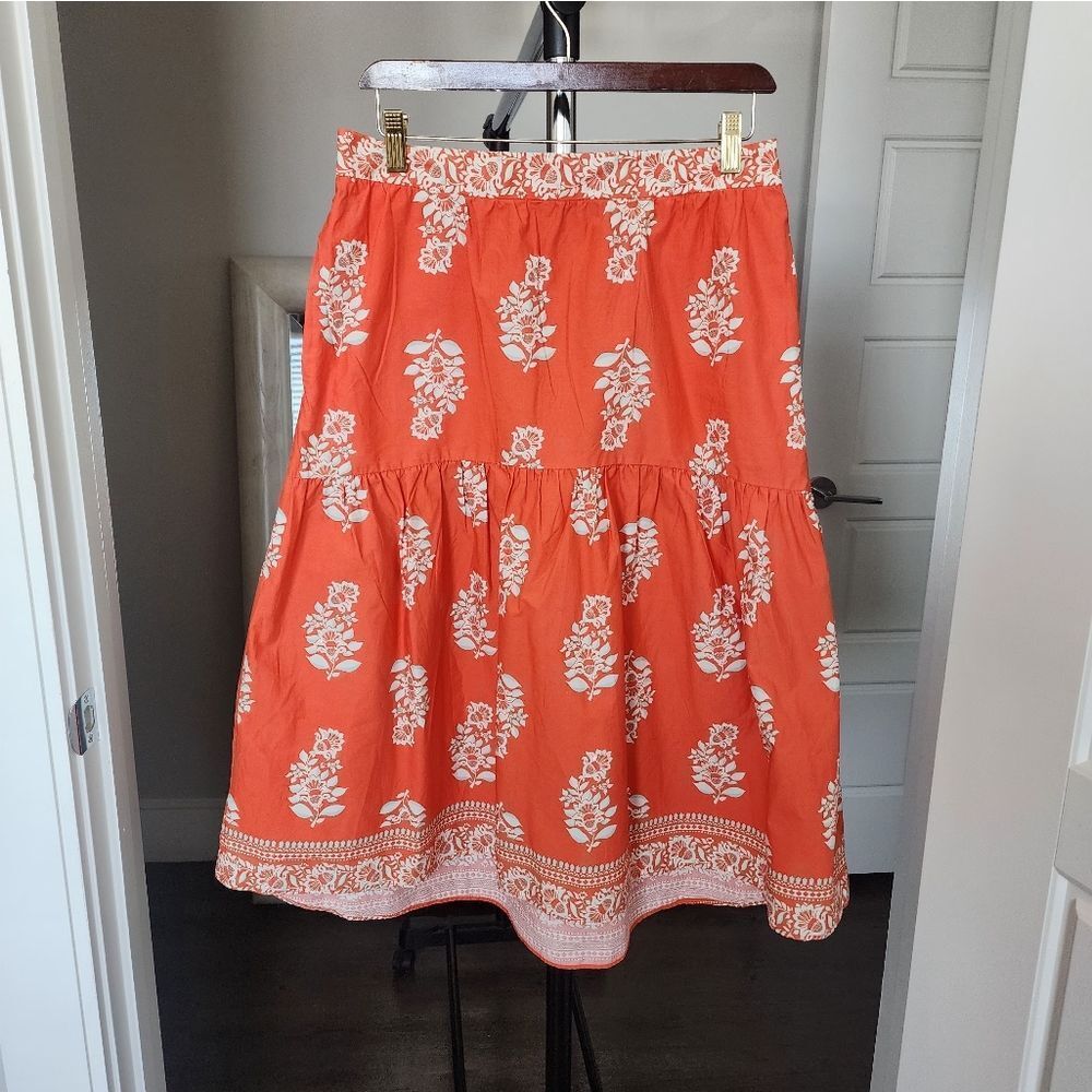 Ann Taylor Factory Coral Midi Skirt with Cream Floral Print